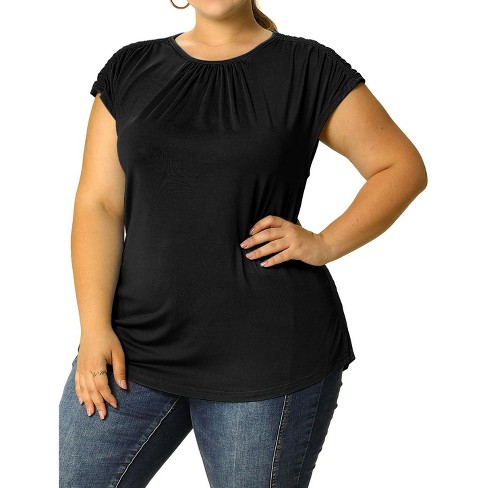 Agnes Orinda Women's Plus Size Round Neck Ruched Short Sleeve Summer Casual  Blouses Black 2X