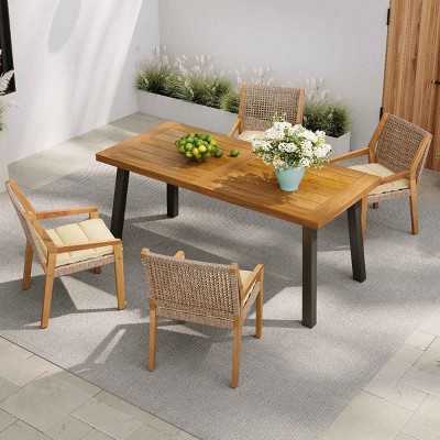 Acacia Wood Patio Dining Set,Teak Finish Outdoor Dining Table and Wicker Chairs with Cream Cushion,Wood Garden Furniture Dining Set-Coolbibila