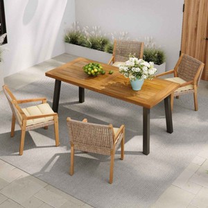 Acacia Wood Patio Dining Set,Teak Finish Outdoor Dining Table and Wicker Chairs with Cream Cushion,Wood Garden Furniture Dining Set-Coolbibila - 1 of 4