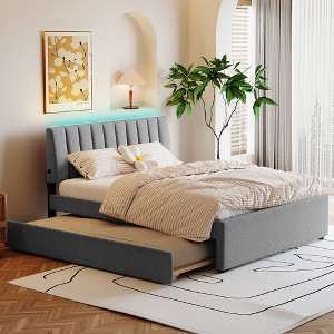 Queen/Full/Twin Size Teddy Fleece Upholstered Platform Bed with Trundle Bed and LED Lights-ModernLuxe - 1 of 4