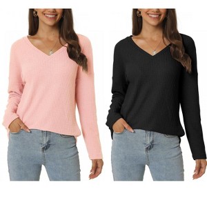 INSPIRE CHIC Women's V Neck Waffle Knit Long Sleeve Casual Tunic Blouses 2 Packs - 1 of 4