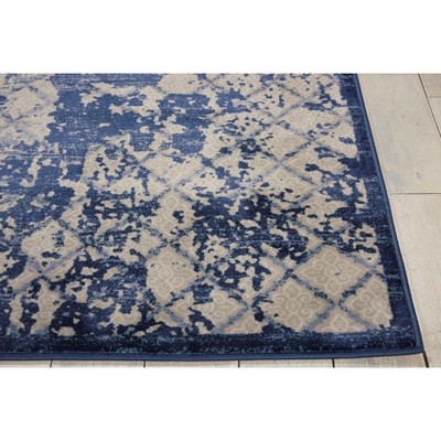 Ivory and Navy Blue Medallion 2'2" x 7'6" Synthetic Area Rug