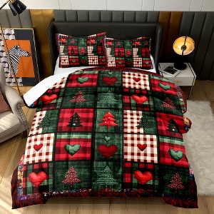 Hachikiko Christmas Plaid Heart & Tree Reversible Bedding Set, Comforter with Pillow Shams, Holiday Bedroom Decor Gift,Twin - 1 of 4