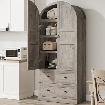 Homhougo 72" Tall Arched Kitchen Pantry Storage Cabinet, Modern Farmhouse Storage Cabinets with 2 Doors & Drawers Gray