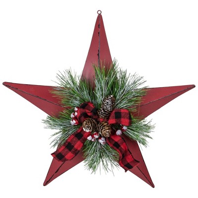 Northlight 17" Red distressed 5 point Christmas Star With Plaid Ribbon with Artificial Pine