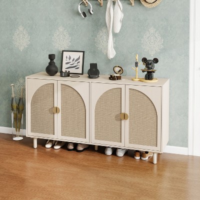 Okak Modern Bedroom Cabinet with 4 Rattan Door, End Table for Living Room, Bedroom,Entryway Study,Wooden Side Table Dresser Cabinet, Natural