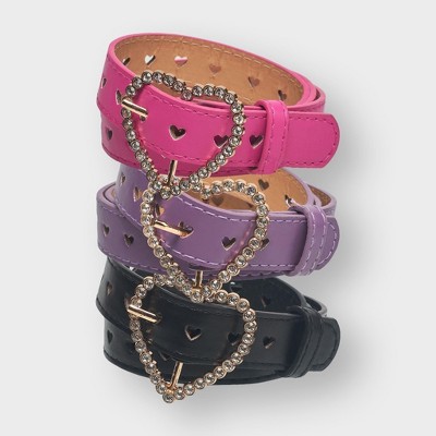 A Little Obsessed 3PK Girl's Belt Set with Rhinestone Heart Buckle – Size 6-12 (Waist Size 18"-22") for Youth