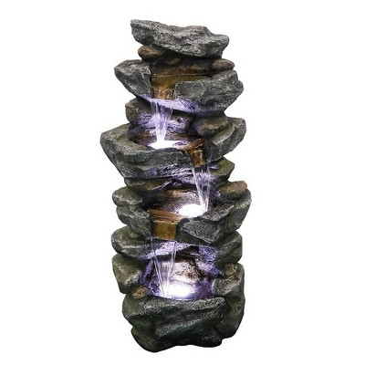 40" High Stacked Simulated Rock Cascading Waterfall Fountain with LED Lights - Gray - Watnature