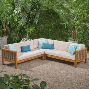 Linwood 3pc Wood and Wicker Sectional Sofa Set Teak/Beige - Christopher Knight Home: Acacia Frame, Weather-Resistant - 1 of 4