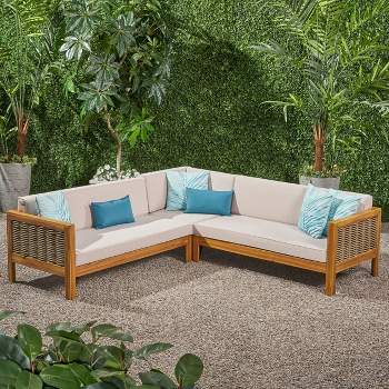 Linwood 3pc Wood and Wicker Sectional Sofa Set Teak/Beige - Christopher Knight Home