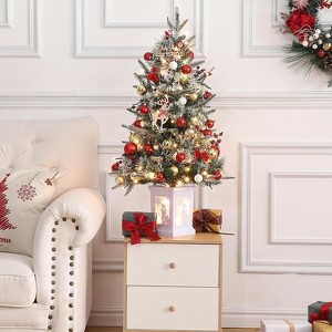 3FT/4.5FT Prelit Snow Flocked Christmas Tree, 78 LED, Tabletop Xmas Tree with Different Base for Decor - 1 of 4