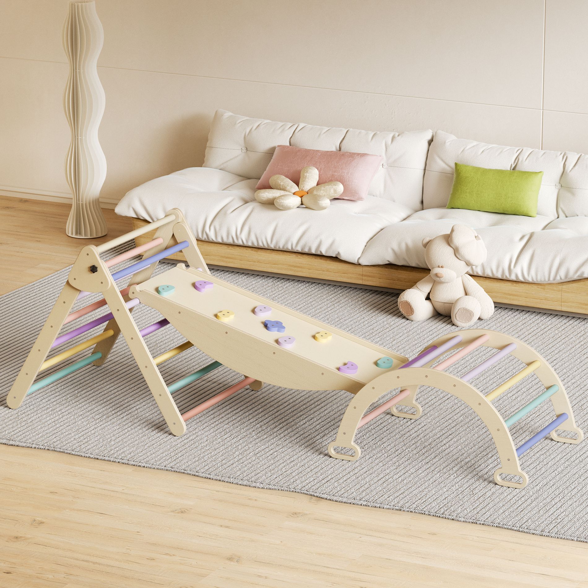 Racxily 5 in 1 Pikler Triangle Set, Baby Climbing Toy, Montessori Learning Toy with Arch, Ramp, and Climbing Triangle