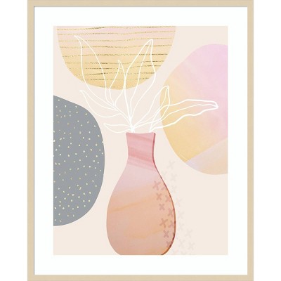 Mid-Century Abstract Pastel Botanical Lithograph with Brown Frame