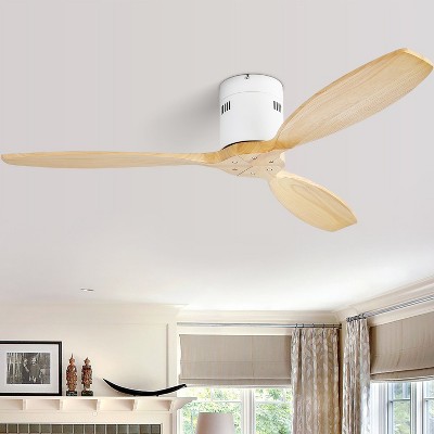 Sofucor 52'' Flush Mount Ceiling Fan without Lights Remote Control Wood Blades Reversible DC Motor Modern White Wood Ceiling Fan Indoor Outdoor