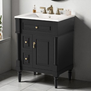 Mshliw 24" Freestanding Bathroom Vanity with Ceramic Sink, Flip Drawer, 2 Storage Drawers & Adjustable Shelf, Solid Rubberwood Frame - 1 of 4