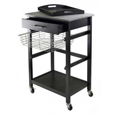 Transitional Julia Granite Top Black Kitchen Cart with Storage