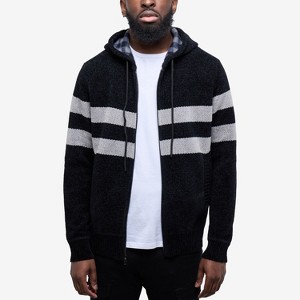 CULTURA Mens' Full Zip Hooded Striped Cardigan Sweater With Faux Shearling Lining - 1 of 4