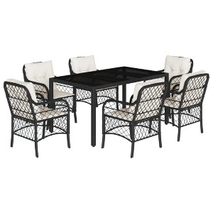 vidaXL 7 Piece Patio Dining Set - Black Poly Rattan - Glass Table - Cushioned Seating - Outdoor/Garden Furniture - 1 of 4