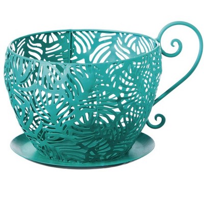 Evergreen Peacock Metal Teacup Planter