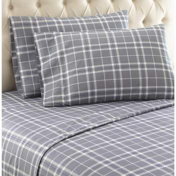 Micro Flannel Shavel Durable & High Quality Luxurious Printed Sheet Set Including Flat Sheet, Fitted Sheet & Pillowcase, Twin - Carlton Plaid Gray