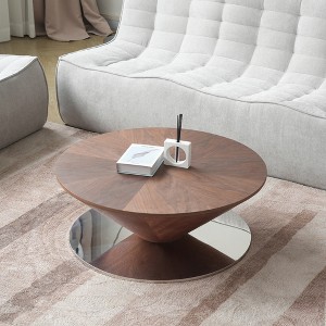 35.43inch Round Coffee Table, Faux Marble Exterior with Silver Mirror Stainless Steel Base,Modern Wood Circle Drum Center Table for Living Room - 1 of 4