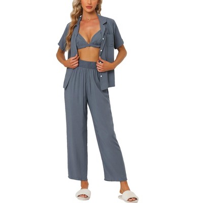 Cheibear Women's Flannel Fleece Button Down Top With Pockets Winter Pajama  Sets Blue Large : Target