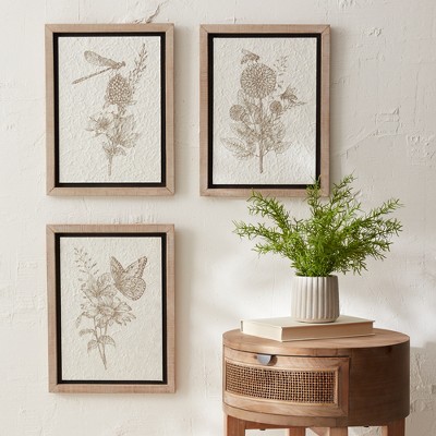 Set of 3 Beige and White Floral Insect Canvas Prints with Fir Wood Frames