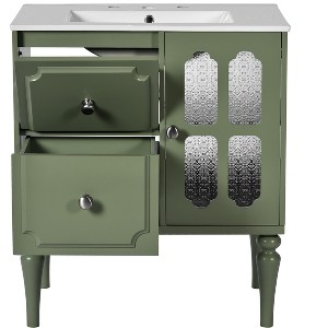 Vynxaria Retro 30'' Bathroom Vanity with Ceramic Sink, Freestanding Single Vanity, 2 Drawers, Solid Wood Frame, Green Storage Cabinet - 1 of 4