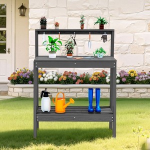 3-in-1 HDPE Potting Bench with Shelves and Hooks – Durable Outdoor & Indoor Planting Table - 1 of 4