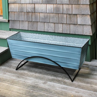 Large Blue Galvanized Steel Flower Box with Stand