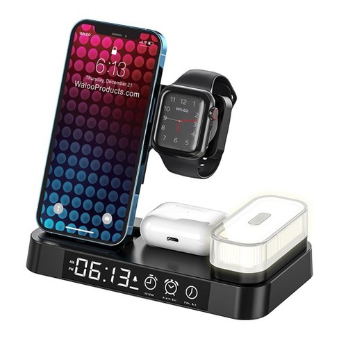 Waloo 4 in 1 Wireless Charging Dock With Multi Colored Night Light Alarm Clock For iPhone Apple Watch AirPods