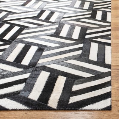 Ivory and Black Hand-Knotted Geometric Cowhide Area Rug