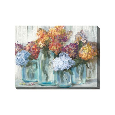 Cottage Garden West of The Wind Mason Jars Purple, Orange, Blue 40 x 30 Inch Waterproof Gallery Wrapped Canvas, Outdoor Garden, Yard, Patio All
