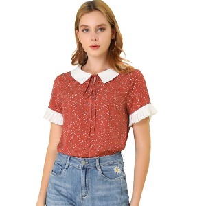 Allegra K Women's Contrast Doll Collar Polka Dots Short Sleeves Blouse - 1 of 4
