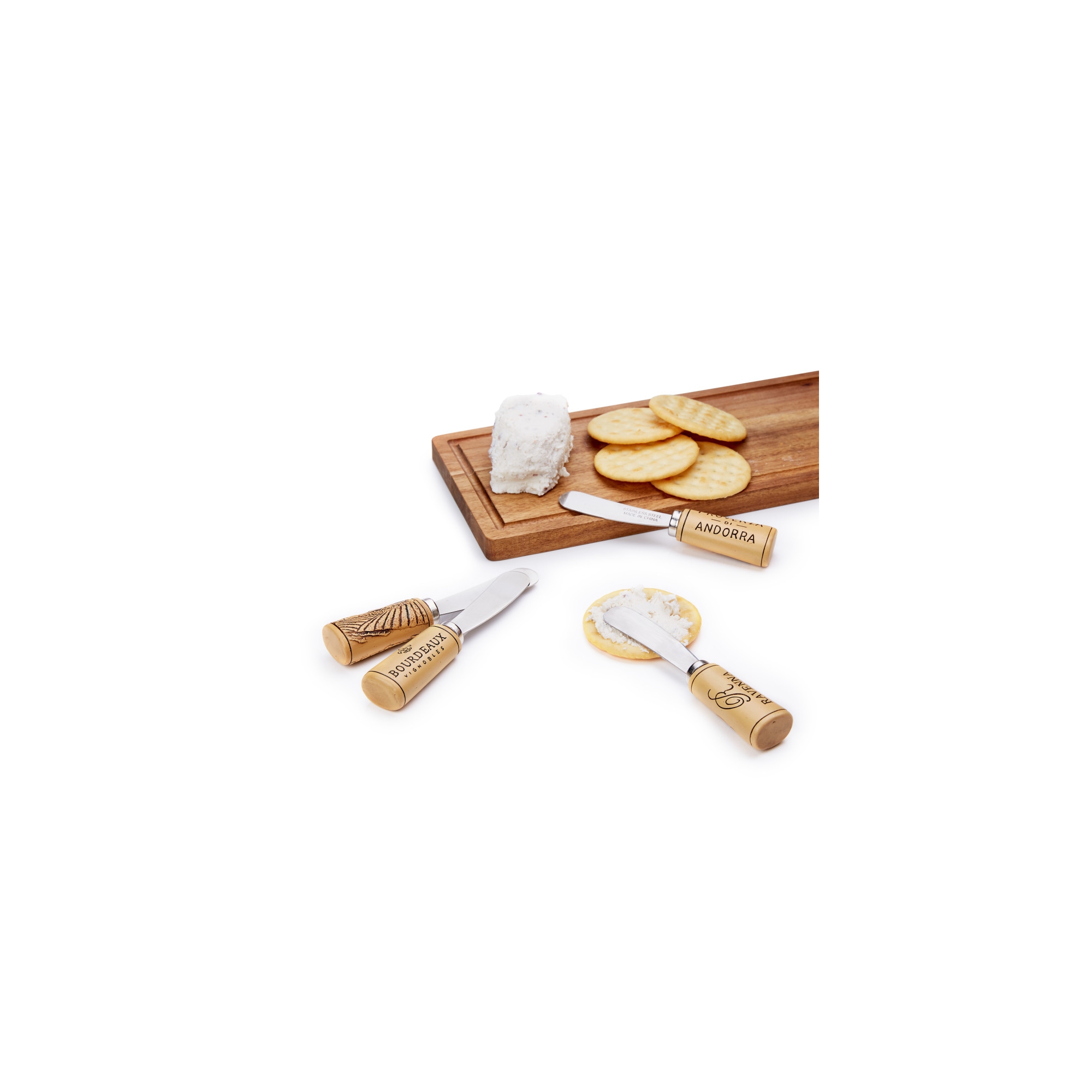 Twine Cheese Spreaders Knives Set of 4 for Soft Cheese, Appetizers, Housewarming, Home & Kitchen Gifts, Stainless Steel Blades, Polyresin Cork Handles
