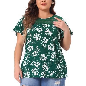 Agnes Orinda Women's Plus Size Floral Printed Lace Panel Keyhole Back Flare Sleeve Blouses - 1 of 4