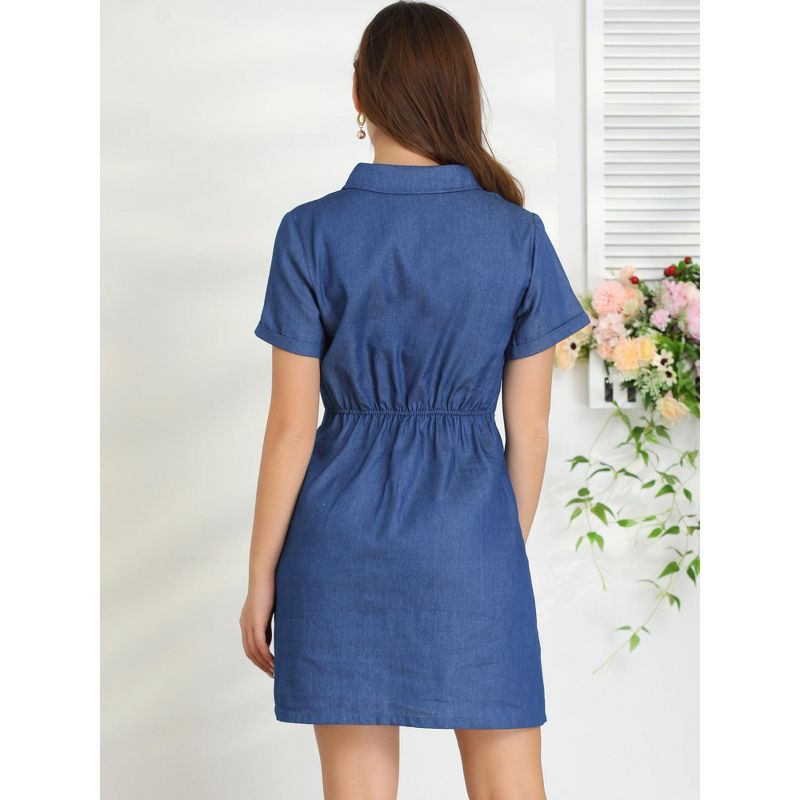 Allegra K Women's Turndown Collar Chambray Solid A-Line Shirt Denim Dress with Pockets, 5 of 7
