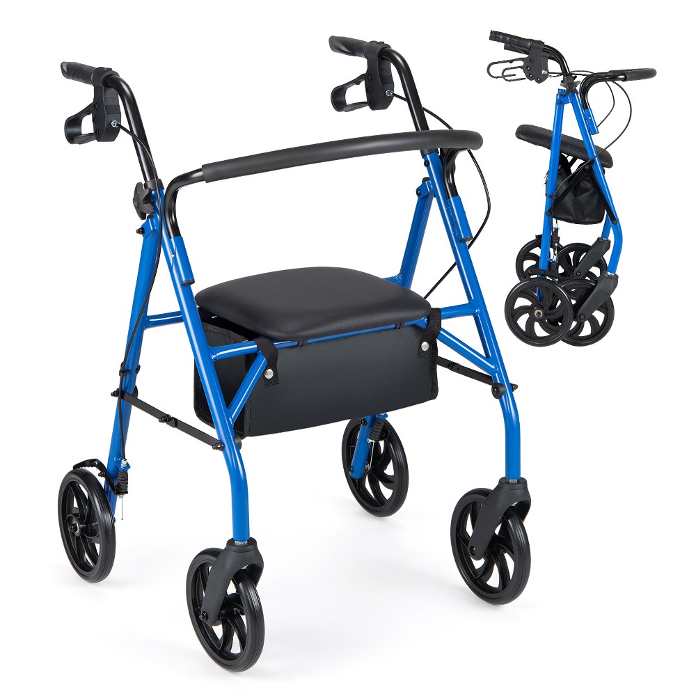 Costway Rollator Walker with Seat, Height Adjustable Handles, Storage Basket (Blue)
