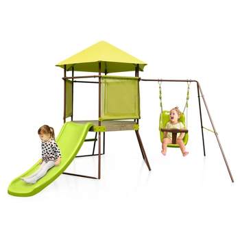 Infans 4-in-1 Swing Set w/ Covered Playhouse Fort Height Adjustable Baby Seat Slide