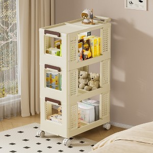 3-Tier Rolling Kitchen Storage Cart, Multifunction Storage Organizer, with Lockable Wheels, for Bathroom, Laundry, Living Room - Beige - 1 of 4