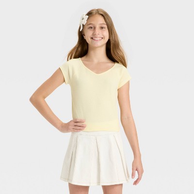 Girls' Short Sleeve V-Neck Ribbed T-Shirt - art class™