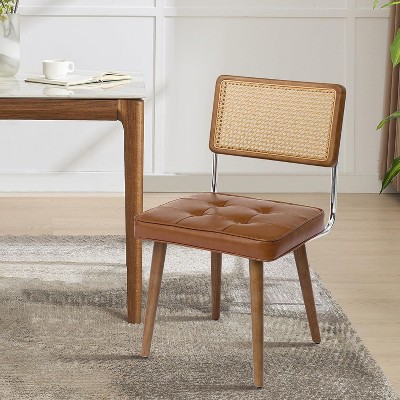 Natural Rattan Dining Chairs, PU Upholstered Kitchen Chairs with Tall Cane Backrest & Strong Wood Legs for Dining Room, Kitchen, Restaurant