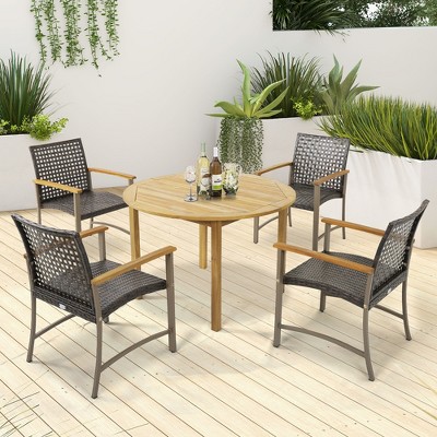 Set of 4 Mix Brown Rattan and Acacia Wood Outdoor Dining Chairs