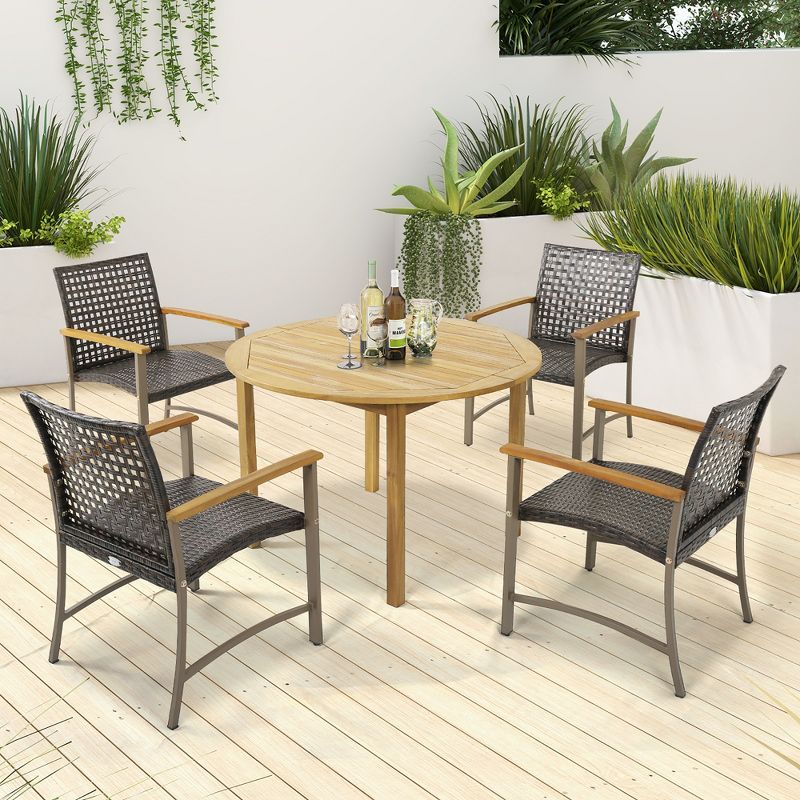 Tangkula Outdoor Rattan Chair Set of 4 Patio PE Wicker Dining Chairs w/ Acacia Wood Armrests Balcony Poolside, 2 of 11