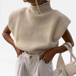 Womens Turtle Neck Cap Sleeve Sweater Vest Rib Knit Sweater Tops Pullover Sleeveless Sweater Chunky Sweater Tank Top - 1 of 4