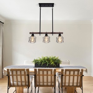 28" Industrial Farmhouse Chandelier with 3 Lights and Faux Wood Beam, Adjustable Hanging Pendant for Dining Room, Kitchen, or Lounge Area - 1 of 4