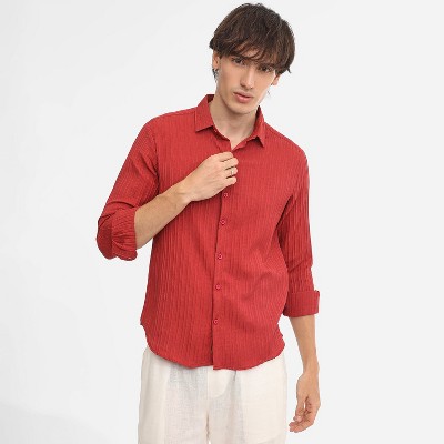Campus Sutra Men Men's Cadmium Red Self-Design Striped Shirt