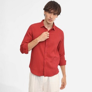 Campus Sutra Men Men's Cadmium Red Self-Design Striped Shirt - 1 of 4