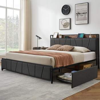 Whizmax Four Size Bed Frame with 2 Storage Drawers and Charging Station, Rustic Linen Upholstered Platform Bed Frame with Storage Headboard, Gray