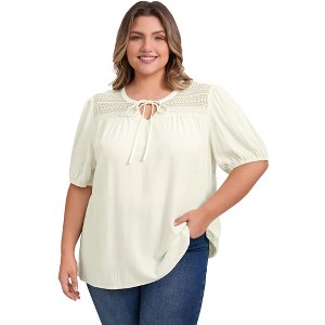 GRACE & GRANDEUR Women's Plus Size Tie Neck Half Puff Sleeve Lace Panel Casual Blouses - 1 of 4